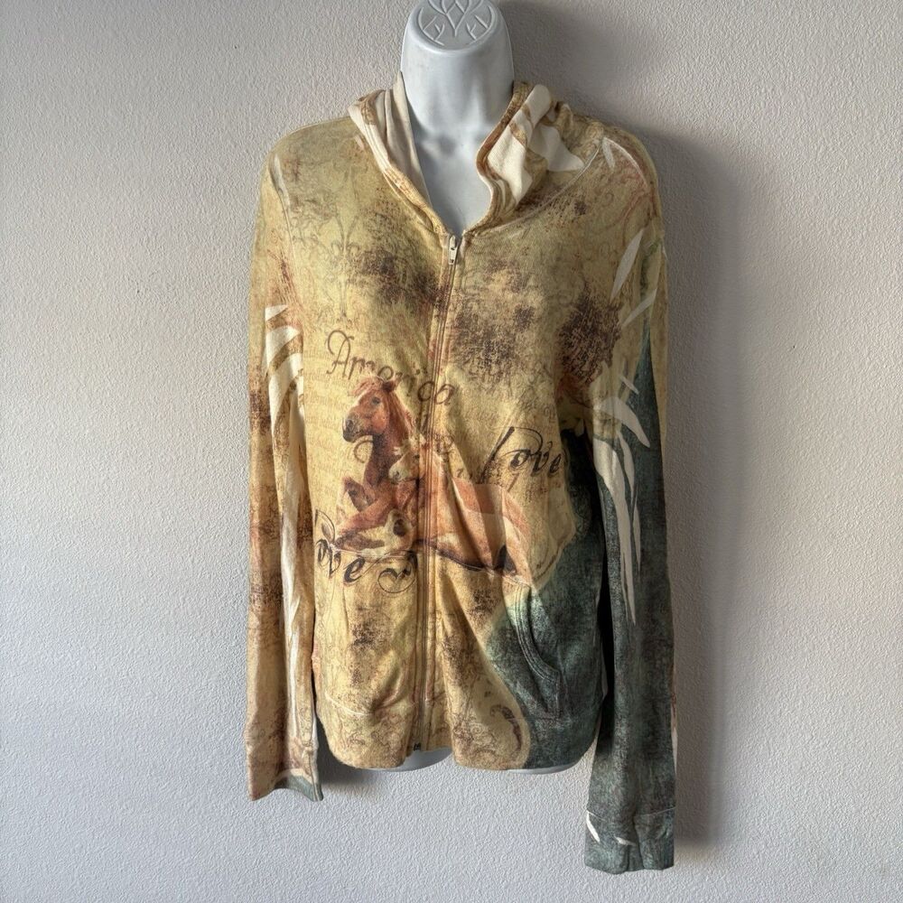 RODS Full Zip Hoodie Sweater XL Tan Beige Western Horse Graphic America Love
